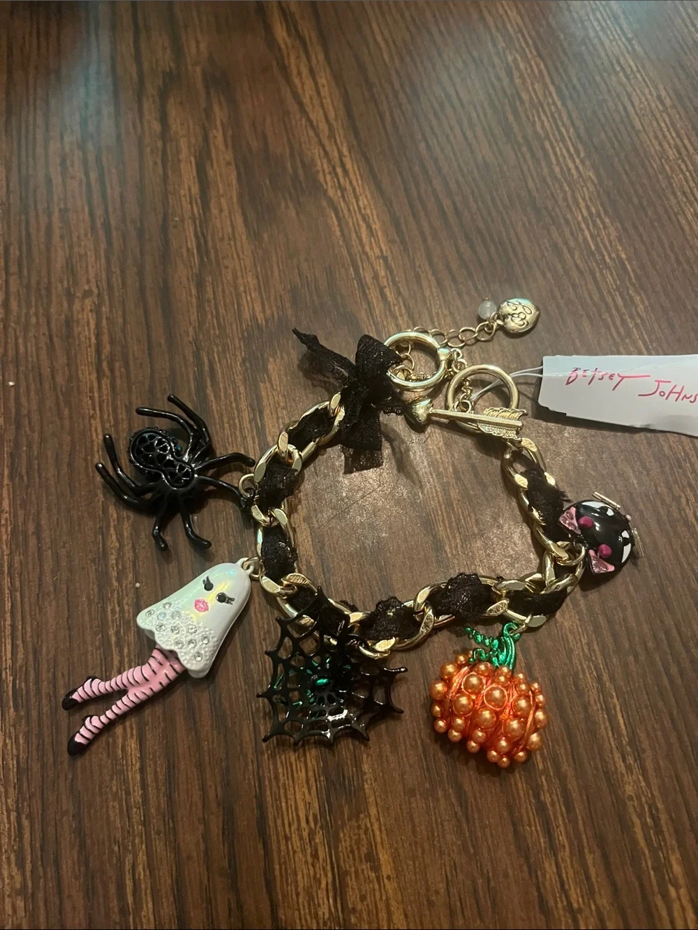 Betsey Johnson Black & Gold Halloween Charm Bracelet with Pink & Orange Accents